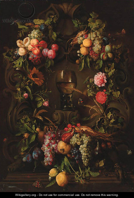 Swags of grapes, peaches, plums and lemons decorating a niche with a roemer, with a sparrow, butterflies, fly, beetles and a dragonfly - (after) Jan Davidsz. De Heem