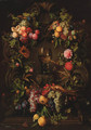 Swags of grapes, peaches, plums and lemons decorating a niche with a roemer, with a sparrow, butterflies, fly, beetles and a dragonfly - (after) Jan Davidsz. De Heem