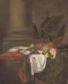 Pheasant pie, grapes, a partly-peeled lemon, oysters on a pewter dish, cherries, shrimp and a langoustine on a partly-draped table - (after) Jan Davidsz. De Heem
