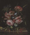A pink rose, tulips, carnations and other flowers with red berries and butterflies in a glass vase, on a ledge - (after) Jan Davidsz. De Heem