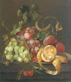 A partly peeled orange on a pewter platter with grapes, plums, cherries and a snail, on a stone ledge - (after) Jan Davidsz. De Heem