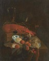 A lobster, a roemer of wine, a book, grapes, cherries, plums and other fruit in a dish on a partly-draped ledge - (after) Jan Davidsz. De Heem