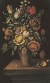 Tulips, roses, and other flowers in a basket on a ledge - (after) Jan The Elder Brueghel