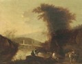A mountainous river landscape with herdsmen and travellers on a path near a bridge - (after) Jan Both