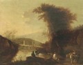 A mountainous river landscape with herdsmen and travellers on a path near a bridge - (after) Jan Both