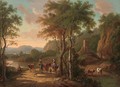 A mountainous landscape with travellers on a track by a river - (after) Jan Both