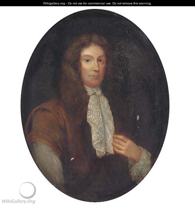 Portrait of a gentleman, bust-length, in a brown cloak and lace cravat, painted oval - (after) James Latham