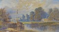 A barge moored on a river, with cattle grazing before a hamlet beyond - (after) James Burrell Smith