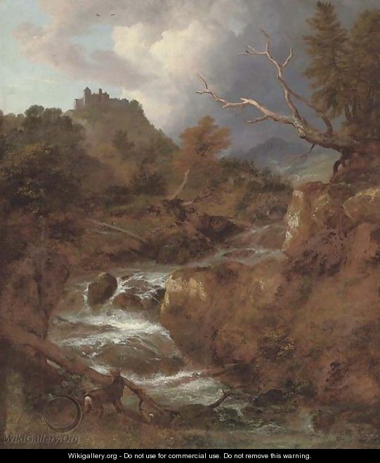 A mountainous wooded river landscape with a stag by a waterfall, Bentheim Castle beyond - Jacob Van Ruisdael