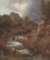 A mountainous wooded river landscape with a stag by a waterfall, Bentheim Castle beyond - Jacob Van Ruisdael