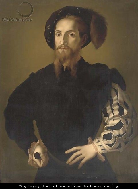 Portrait of a gentleman, half-length, in a plummed hat, a sword in his right hand - (Jacopo Carucci) Pontormo