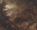 Figures struggling against a storm in a wooded landscape - Jacob Salomonsz. Ruysdael
