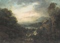 An extensive mountainous landscape with anglers by a waterfall - (after) Jacob Van Ruisdael