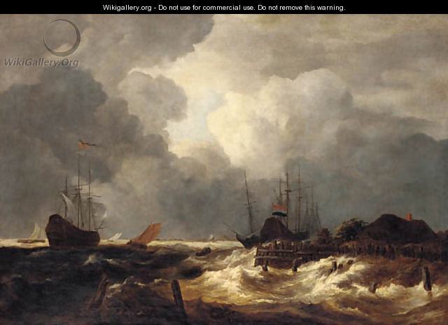 A stormy river estuary with ships - (after) Jacob Van Ruisdael