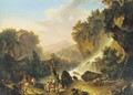 A river landscape with a waterfall, a drover and his cattle, washerwomen and travellers at halt - (after) Jacob Philipp Hackert