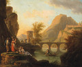 A mountainoius River Landscape with Fisherfolk conversing on a Bank, a Bridge beyond - (after) Jacob Philipp Hackert
