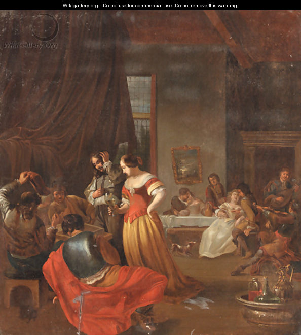 An interior with elegant figures playing backgammon and making merry - (after) Jacob Ochtervelt