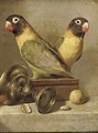 Two parrots, a silver goblet, and apple and an almond on a table - Jean-Baptiste Oudry