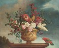 Summer flowers in a vase on a plinth, with a parrot and butterfly to the side; and Another similar - Jean-Baptiste Monnoyer