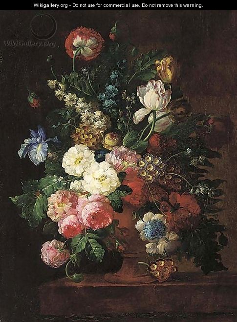 Roses, irises, tulips, and other flowers in a stone urn on a ledge - (after) Jan Van Os