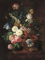 Roses, irises, tulips, and other flowers in a stone urn on a ledge - (after) Jan Van Os