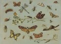 A death's head moth, a red admiral, a caterpillar and an orange-tip butterfly on a sprig of jasmine, a swallowtail butterfly, a garden tiger moth - Jan van Kessel