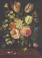 A parrot tulip, roses and other mixed flowers in a glass vase on a ledge with a butterfly - Jan van Kessel