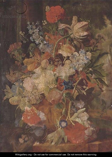 Tulips, morning glory, and other flowers in a sculpted urn with a birds nest on a ledge, figures in a garden beyond 2 - (after) Huysum, Jan van
