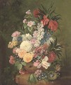 Roses, parrot tulips, lillies, narcissi, morning glory and other flowers in a vase on a stone ledge, with a birds nest - (after) Huysum, Jan van