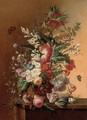 Roses, morning glory, carnations and other flowers in an urn on a ledge with eggs in a nest - (after) Huysum, Jan van
