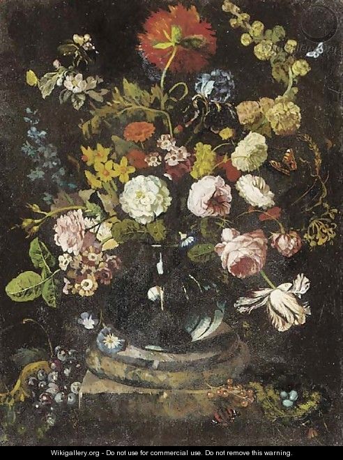 Roses, carnations and other flowers in a glass vase on a plinth - (after) Huysum, Jan van
