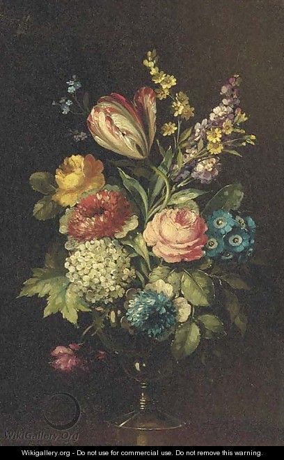 Roses, a parrot tulip, chrysanthemums and other flowers in a glass vase on a ledge - (after) Huysum, Jan van