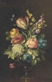 Roses, a parrot tulip, chrysanthemums and other flowers in a glass vase on a ledge - (after) Huysum, Jan van