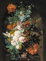 Parrot tulips, roses, poppies, carnations, morning glory, chrysanthemums in an urn on a stone ledge, with a snail, butterflies and other insects - (after) Huysum, Jan van