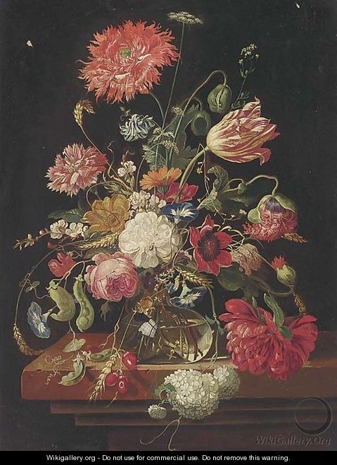 Tulips, roses, carnations and other flowers in a glass vase on a stone ledge - (after) Huysum, Jan van