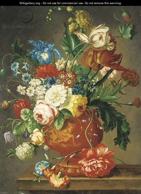 Roses, tulips, carnations, morning glory, daffodils and other flowers in a vase on a ledge - (after) Huysum, Jan van