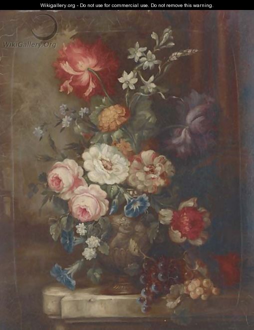 Roses, petunias, dahlias, campanulae and other summer flowers in an ornamental urn with bunches of grapes on a garden plinth - (after) Huysum, Jan van