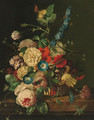 Roses, peonies, morning glory, tulips and other flowers in a basket, with a red admiral and a moth, on a stone plinth - (after) Huysum, Jan van