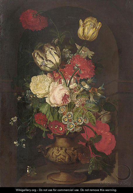 Carnations, tulips, morning glories, a rose and other flowers in a sculpted urn in a casement, with two butterflies - (after) Huysum, Jan van