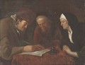 A widow and two gentleman in an interior writing a letter - (after) Jan Steen