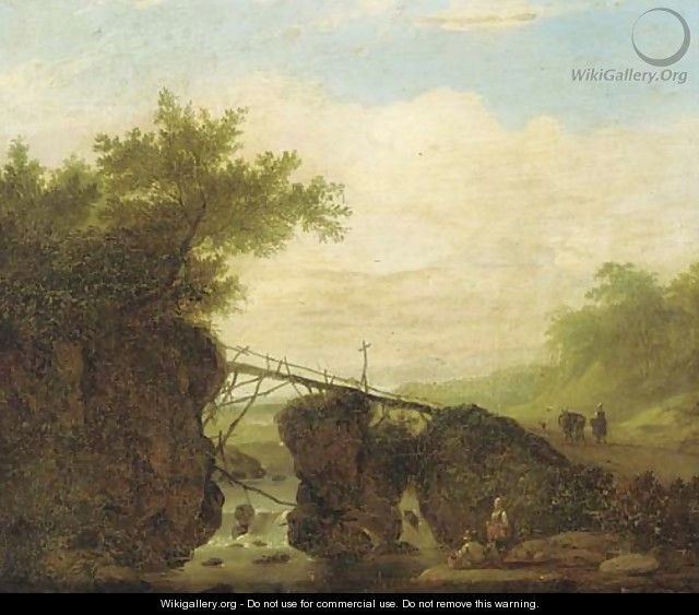 A landscape with a bridge over a waterfall and figures on a path - (after) Jan Looten