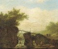A landscape with a bridge over a waterfall and figures on a path - (after) Jan Looten
