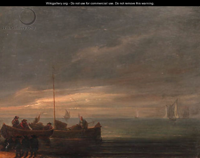 A river estuary with bandits on a shore awaiting the arrival of fishermen in rowing boats, at dawn - Lieve Verschuier