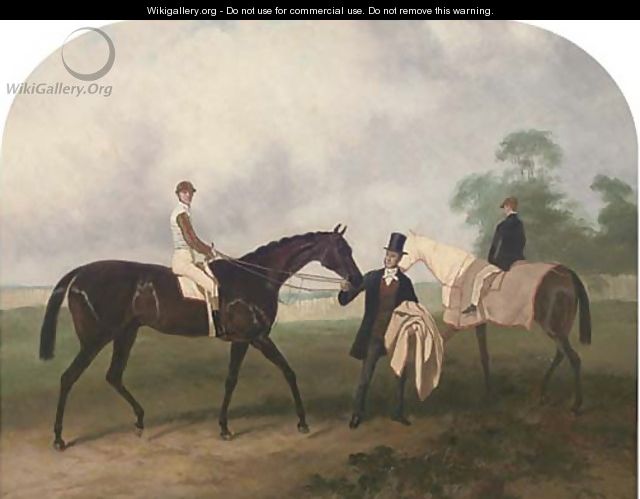 Portrait of a jockey up, on a bay racehorse, held by its owner, a groom on a bay beyond, in a paddock - (after) John Frederick Herring