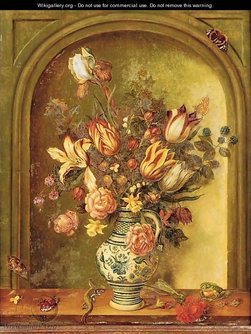 Tulips, roses, lilies and other flowers with blackberries and gooseberries in a porcelain vase - (after) Johannes Baers
