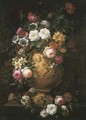 Roses, poppies and other flowers in a sculpted vase on a pedestal - (after) Jean-Baptiste Monnoyer