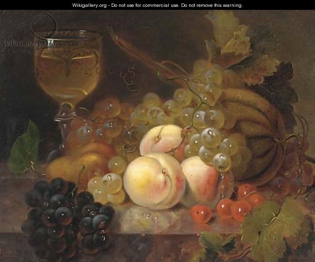 Peaches, a melon, cherries, a pear, grapes and a glass of wine on a marble ledge - (after) Edward Ladell