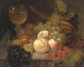 Peaches, a melon, cherries, a pear, grapes and a glass of wine on a marble ledge - (after) Edward Ladell