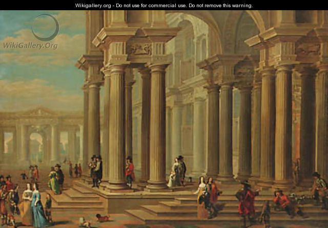 Capriccio of a Classical Forecourt with elegant Company promenading - (after) Dirck Van Delen