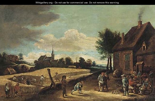 Peasants playing skittles outside an inn with farmhands harvesting in a nearby field - (after) David The Younger Teniers